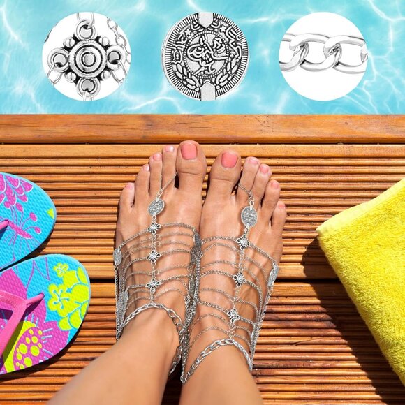 Barefoot Foot Sandals Metal Summer Beach Anklets 4 Pairs for Women - Picture 6 of 8